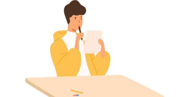Vector illustration of pensive student guy holding paper sheet and pen sitting at table, focused male thinking on test at college or university isolated on white background.