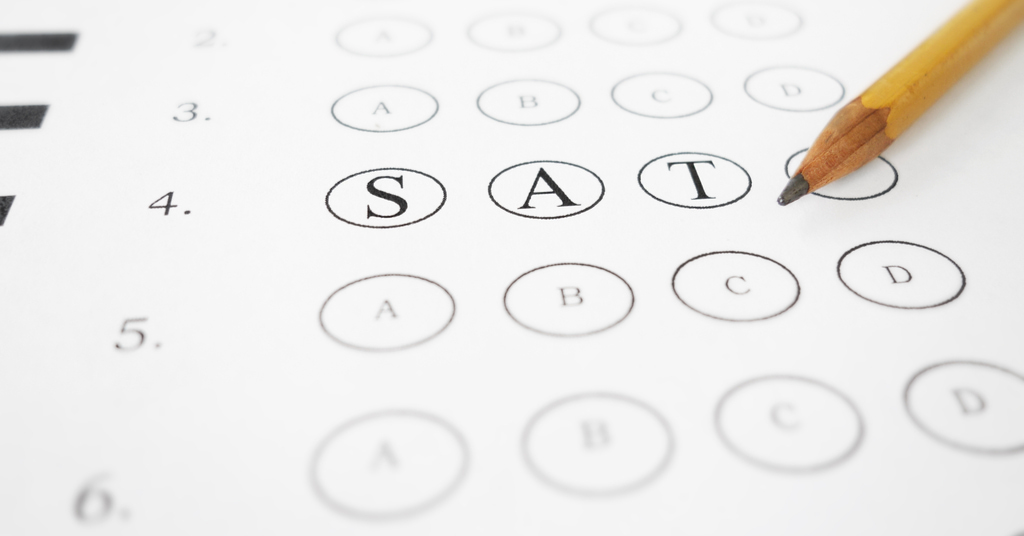 Closeup of multiple choice exam with SAT text and pencil