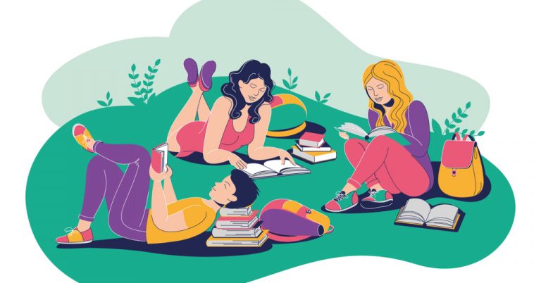 vector illustration of students studying outdoors, preparing for exams together