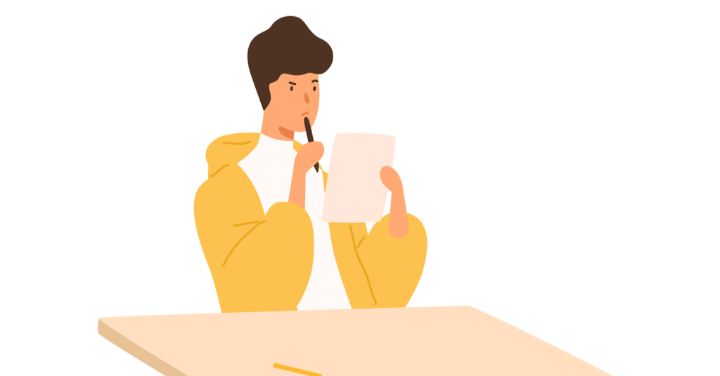 Vector illustration of focused student guy holding paper sheet and pen sitting at table with a white background.