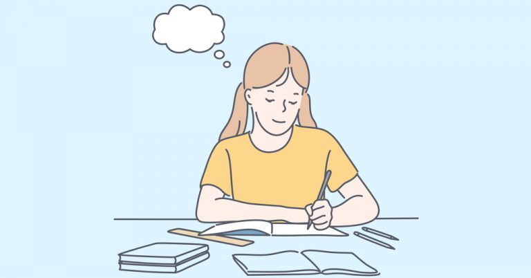 Illustration of female student thinking and engaged in writing