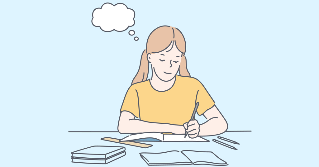 Illustration of female student thinking and engaged in writing
