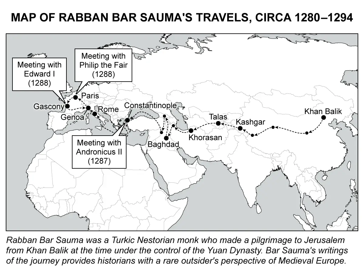 Map of Rabban Bar Sauma’s travels as an example of AP World History Short Answer Questions
