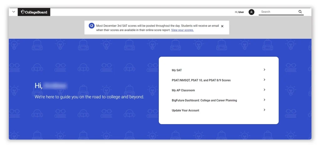 Dashboard of the College Board Student Account