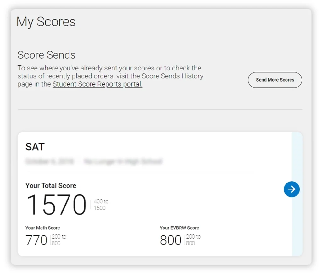 “My Scores” dashboard showing SAT scores in the College Board Student Account
