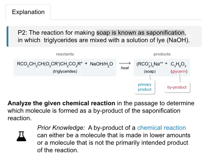The chemical equation of reactants and products for making soap when triglycerides are mixed with lye