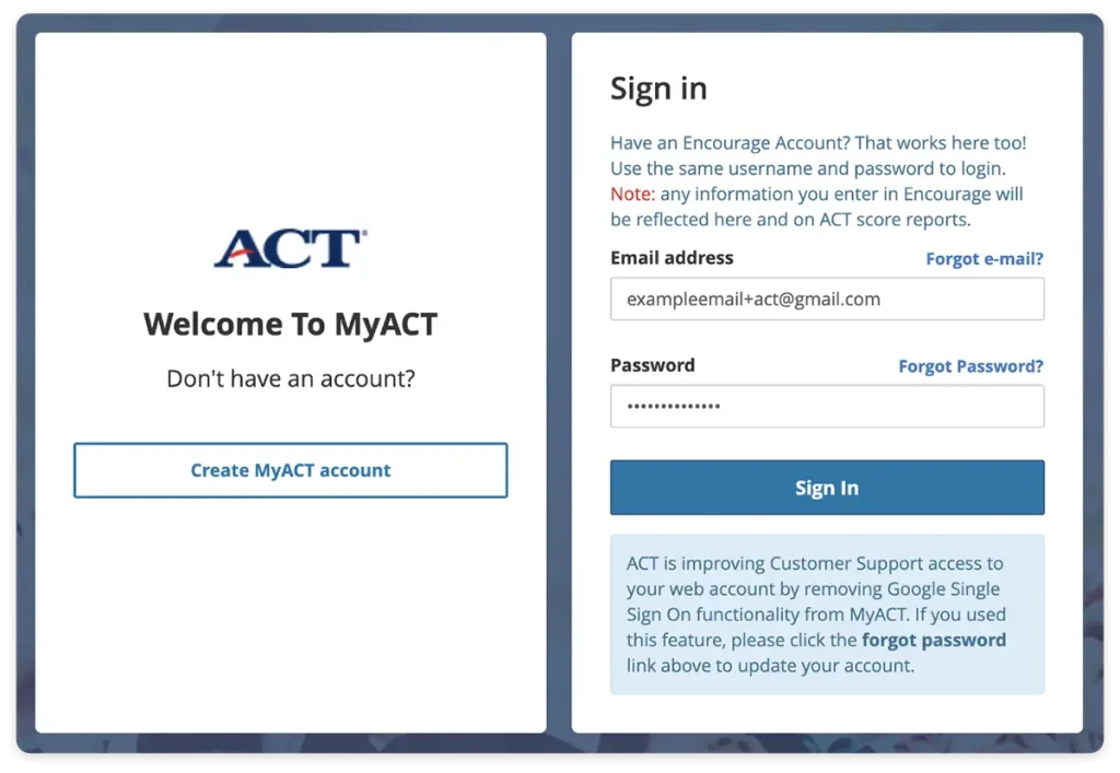  ACT website student login page