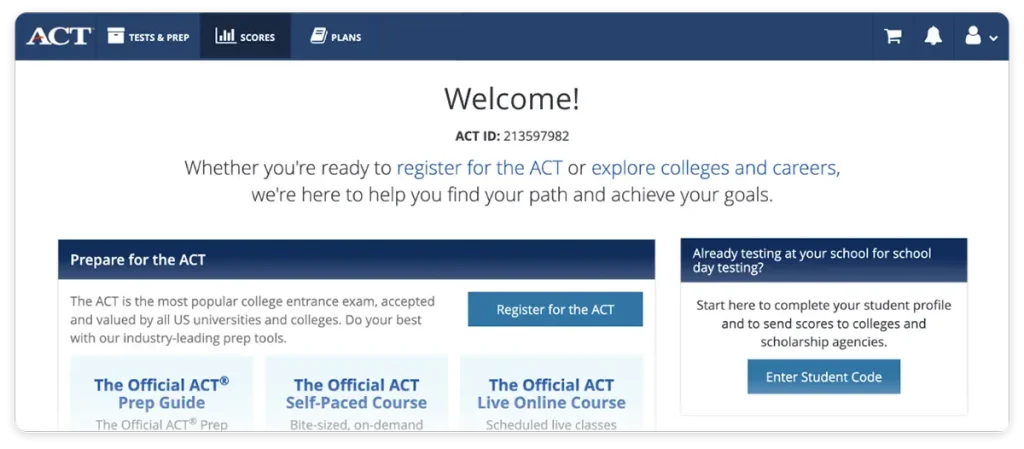 Dashboard of the ACT student account