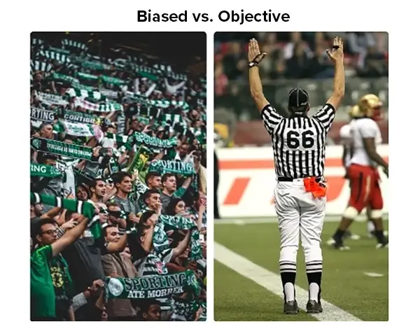 Illustration and explanation of the English language concepts “biased vs. objective.”