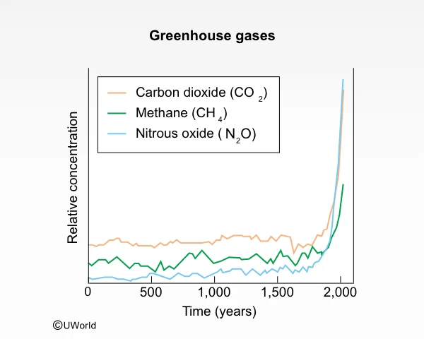 Diagrams showing how greenhouse gasses accumulate impact the Earth’s global warming potential.