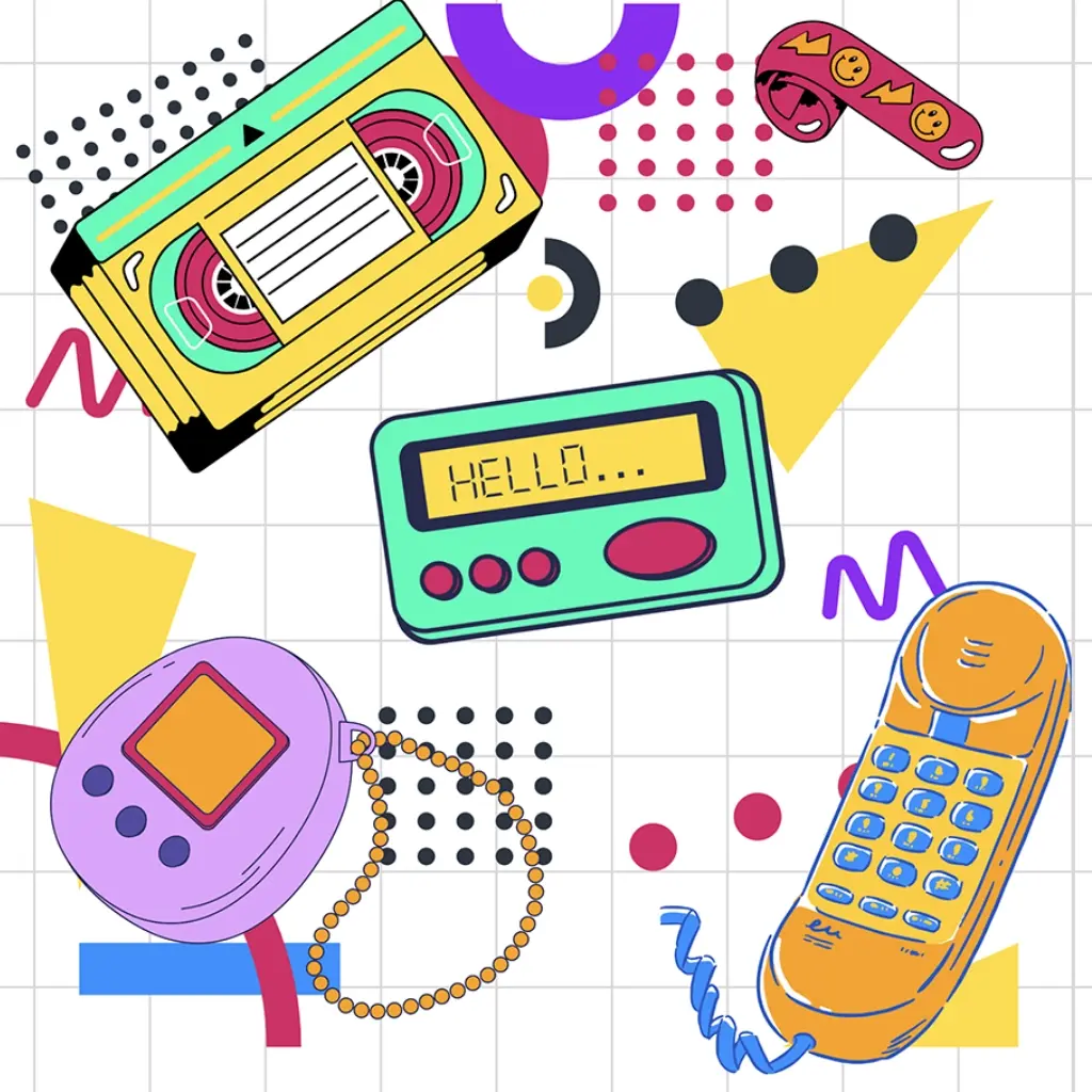 Neon color 90s memorabilia, including a VHS tape, a beeper, and a slap bracelet sit atop a white grid background with neon shapes.