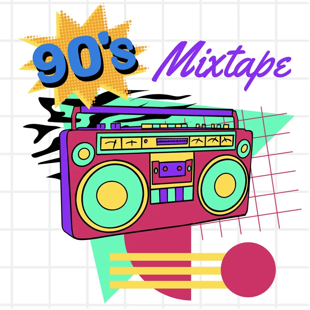 Neon color 90s boombox sits atop a white grid background with neon shapes and the words, “90’s Mixtape.”