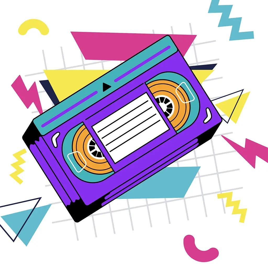 A neon purple VHS tape sits atop a white grid background with neon shapes.