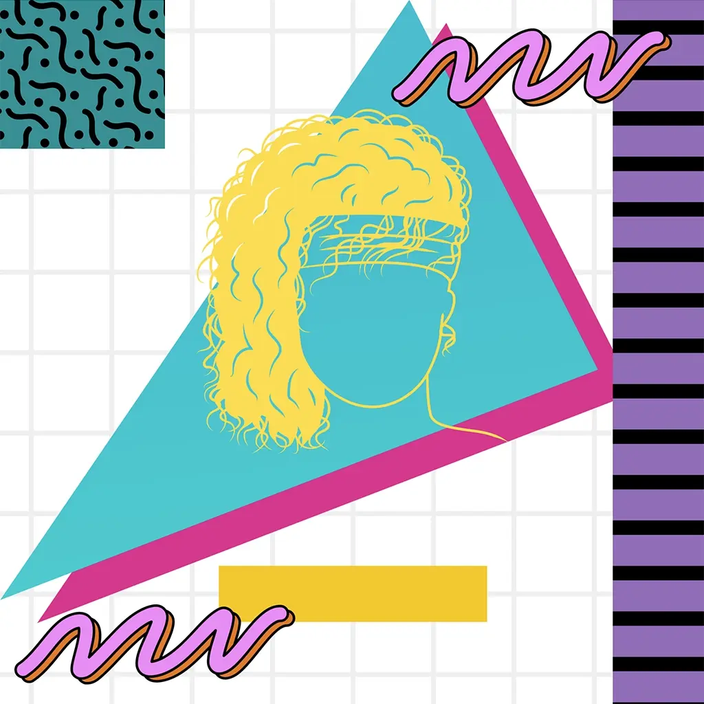 A neon yellow outline of a person with long, curly hair and a sweatband sits atop a white grid background with neon shapes