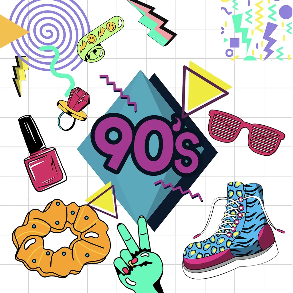 Neon color 90s fashion items, including a scrunchie, a ring pop, and a slap bracelet sit atop a white grid background with neon shapes.