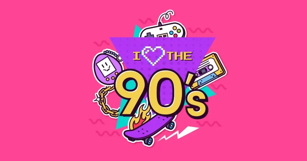 Large golden text that spells out “I love the 90’s” sits atop a neon pink background full of 90s memorabilia, such as a skateboard, a tamagotchi, and a cassette tape.