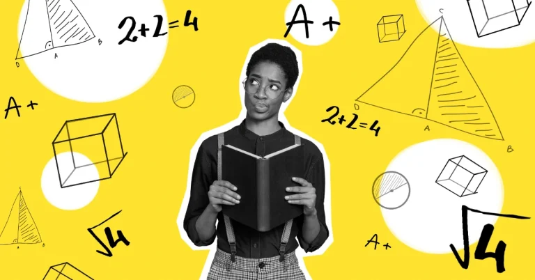 Black and white image of high school student on yellow background surrounded by sketches of math concepts covered on the Digital SAT