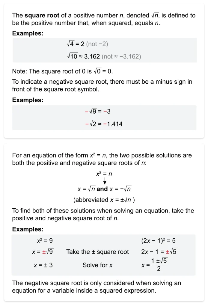 The image depicts a step-by-step guide to finding the square root of positive and negative numbers, plus how to solve equations which include square roots.