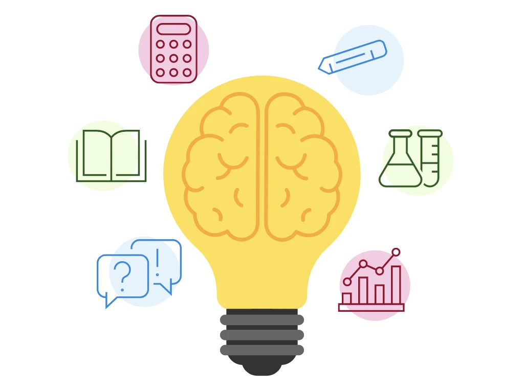 Light bulb with brain inside surrounded by icons calculator, pencil, book, bar graph,question mark