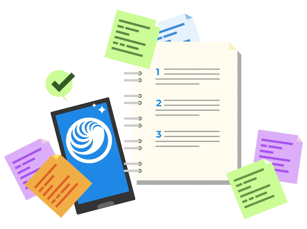 Illustration of mobile with UWorld logo, study materials and flashcards