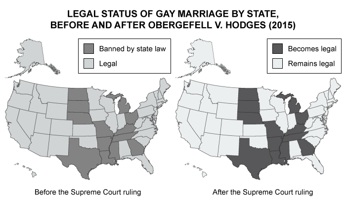 Map Showing the Legal Status of Gay Marriage by State, Before and After Obergefell V.Hodges (2015)