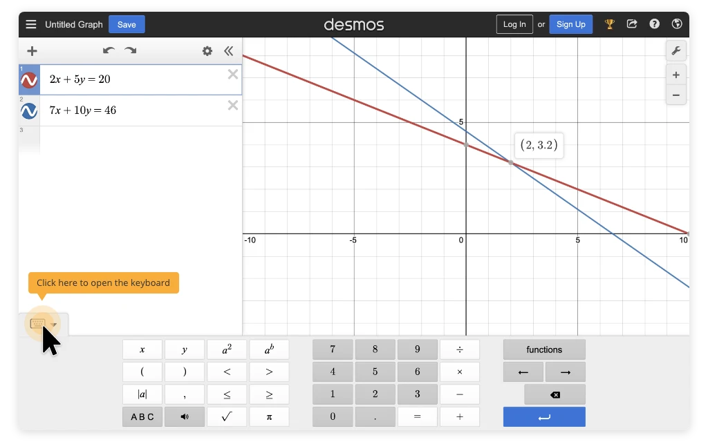 Image showing how to enter a Digital SAT math equation into the Desmos graphing calculator that’s available in the Bluebook™ app