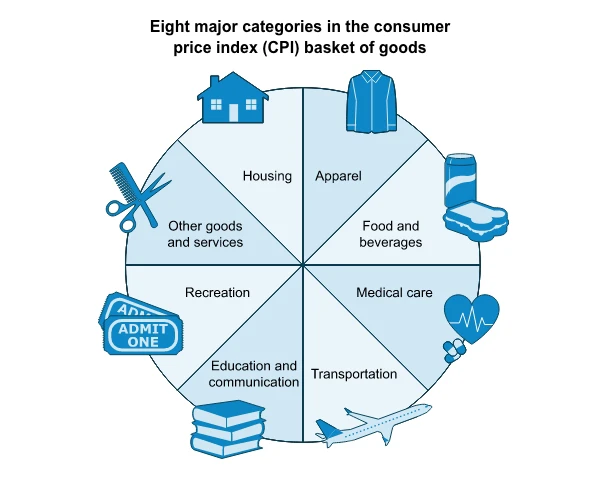Diagram displaying the eight major categories in the consumer price index (CPI) basket of goods