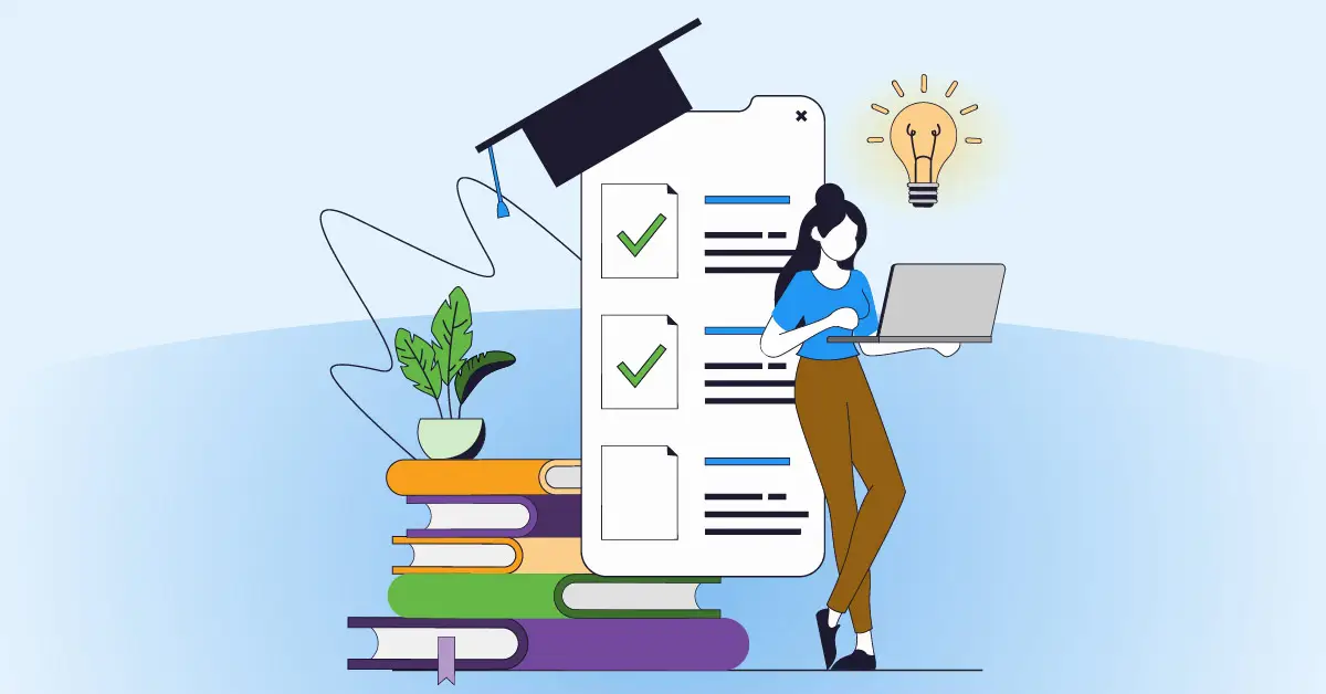 Illustration of student reading how to self study for sat in laptop leaning against a screen displaying checklist with books in the background.