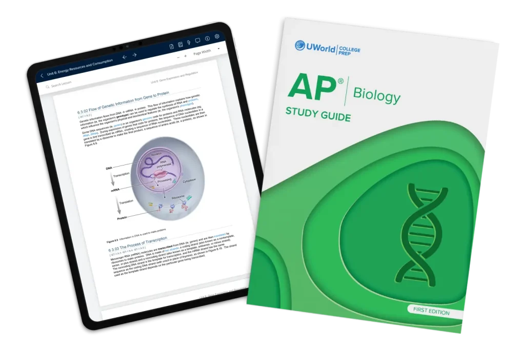 Cover of the AP Biology study guide by UWorld, available in digital and print formats.