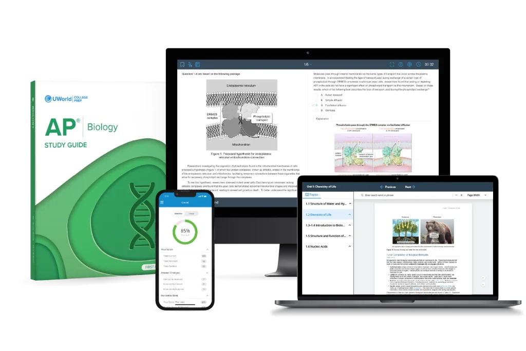 UWorld’s comprehensive resources, including a study guide and question bank, for AP Biology