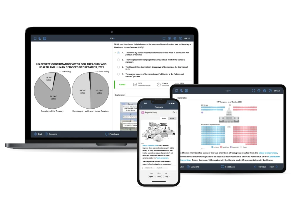 AP U.S. Gov Practice Question Bank shown on multiple devices