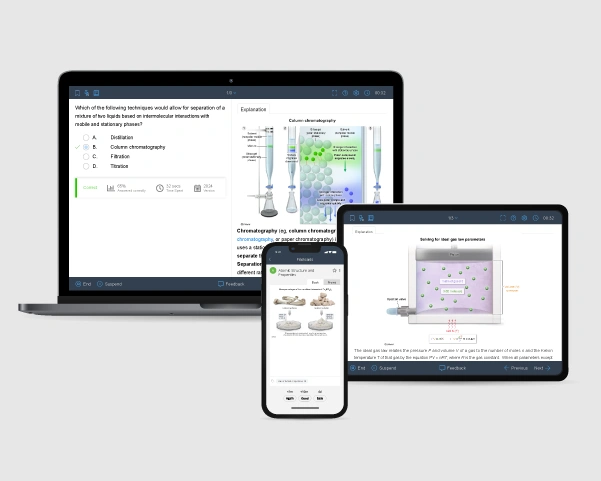 Visual of the AP Chem question bank showing exam-level questions & detailed explanations on laptop, tablet, and mobile phone.