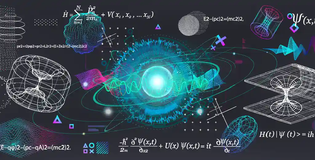 Futuristic image featuring Quantum Mechanics concepts and a visual representation of theoretical physics elements