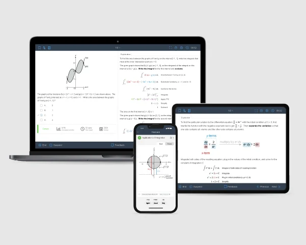 Visual of AP Calc AB question bank showing exam-level questions & illustrated explanations on laptop, tablet, and mobile phone.