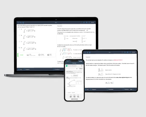 Visual of AP Cal BC question bank featuring exam-level questions & detailed explanations on laptop, tablet, and mobile phone.