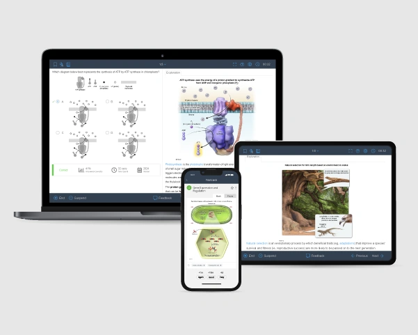 Visual of AP Bio question bank displaying exam-level questions & illustrated explanations on laptop, tablet, & mobile phone.