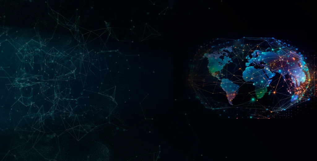 Map of world with neon connection lines demonstrating the interconnectedness of the world.