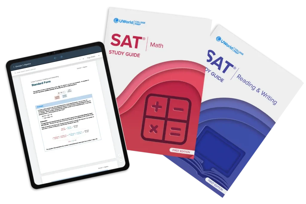 Cover of the SAT study guide by UWorld, available in digital and print formats.