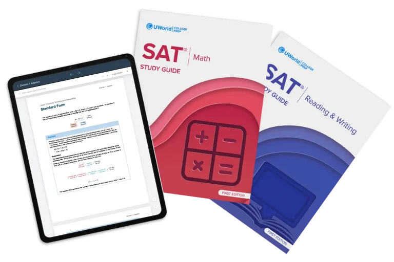 Cover of the SAT study guide by UWorld, available in digital and print formats.