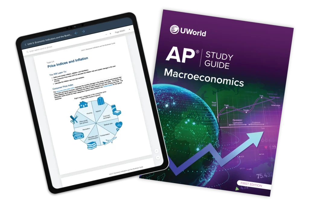 Cover of the AP Macroeconomics study guide by UWorld, available in digital and print formats