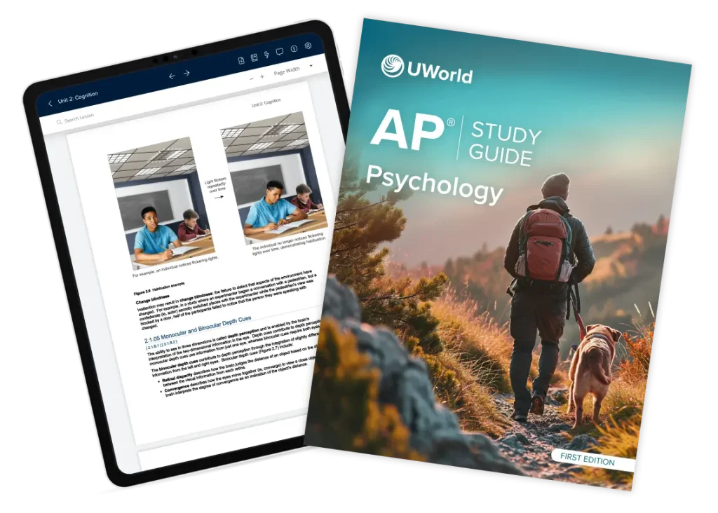 Cover of the AP Psychology study guide by UWorld, available in digital and print formats.