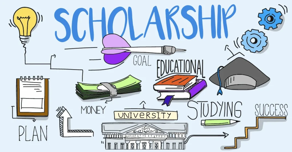Illustrated step-by-step guide showing how high school students can research, apply for, and earn STEM scholarships.