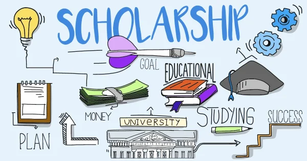 Illustrated step-by-step guide showing how high school students can research, apply for, and earn STEM scholarships.