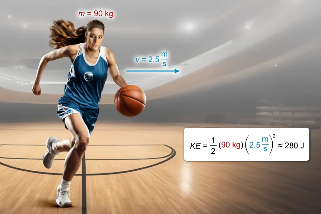 UWorld AP Physics 1 illustrating how to calculate the kinetic energy of a basketball player dribbling a ball down the court.