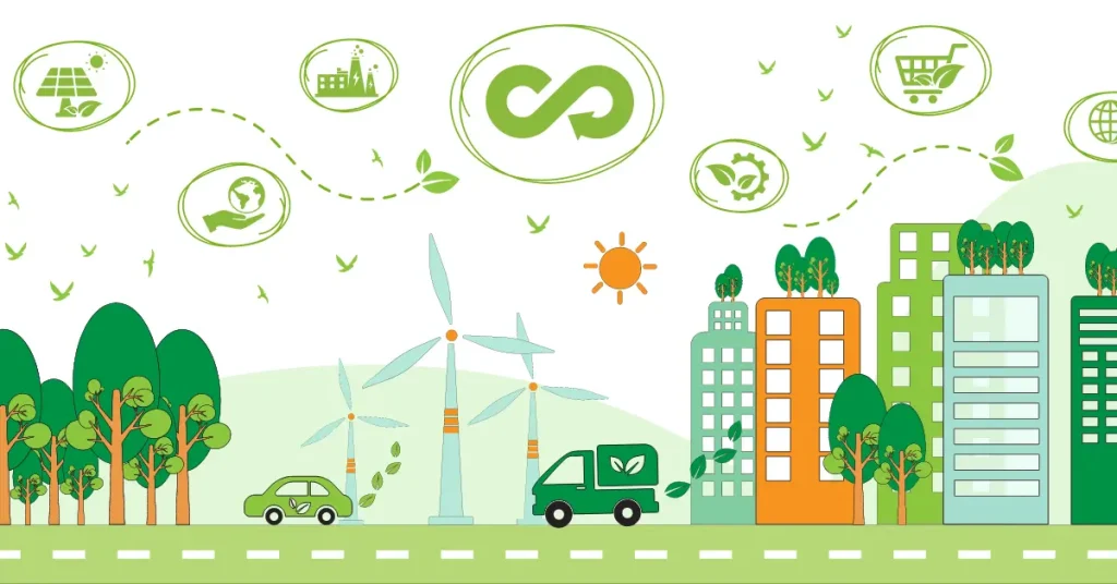 Illustration showing a city, cars, trees, and symbols of economics