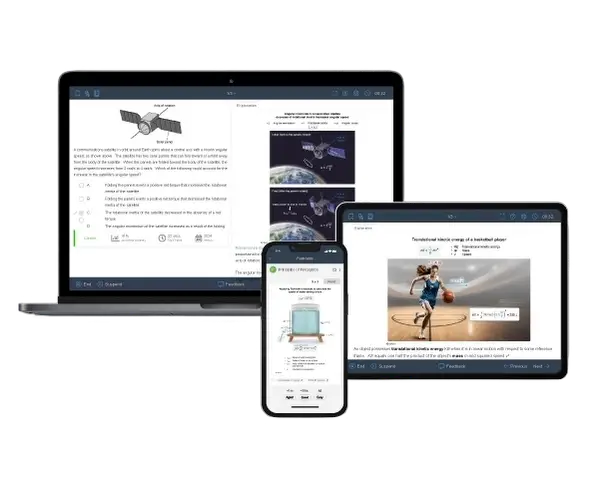 Visual of the AP Physics 1 question bank featuring exam-level questions & easy-to-understand explanations on laptop, tablet, & mobile phone.
