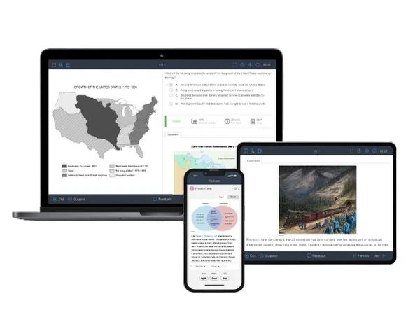 Visual of AP U.S. History question bank showing exam-level questions & detailed explanations across laptop, tablet, and mobile phone.