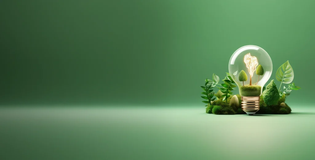 Eco friendly lightbulb with plants with a green background, Renewable and sustainable energy.