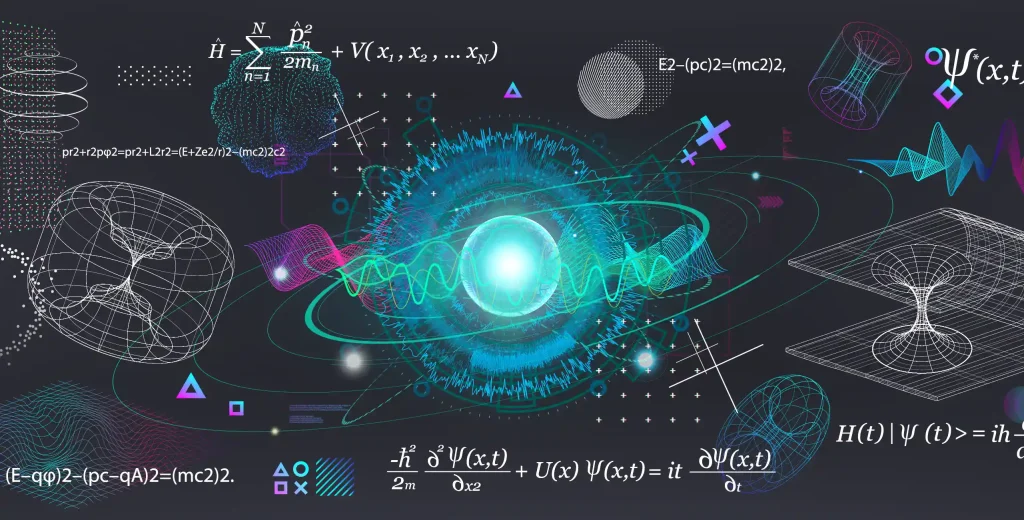 Futuristic image featuring Quantum Mechanics concepts and a visual representation of theoretical physics elements
