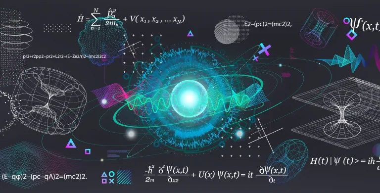 Futuristic image featuring Quantum Mechanics concepts and a visual representation of theoretical physics elements